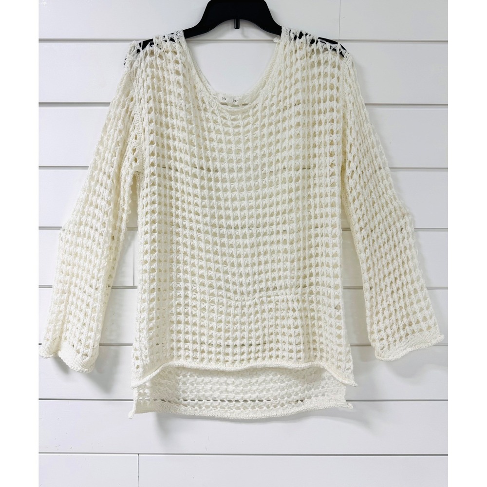 Blu Pepper Cream Open Knit Crochet Sweater Scoop Neck High Low Boho Ivory Small - Picture 2 of 6